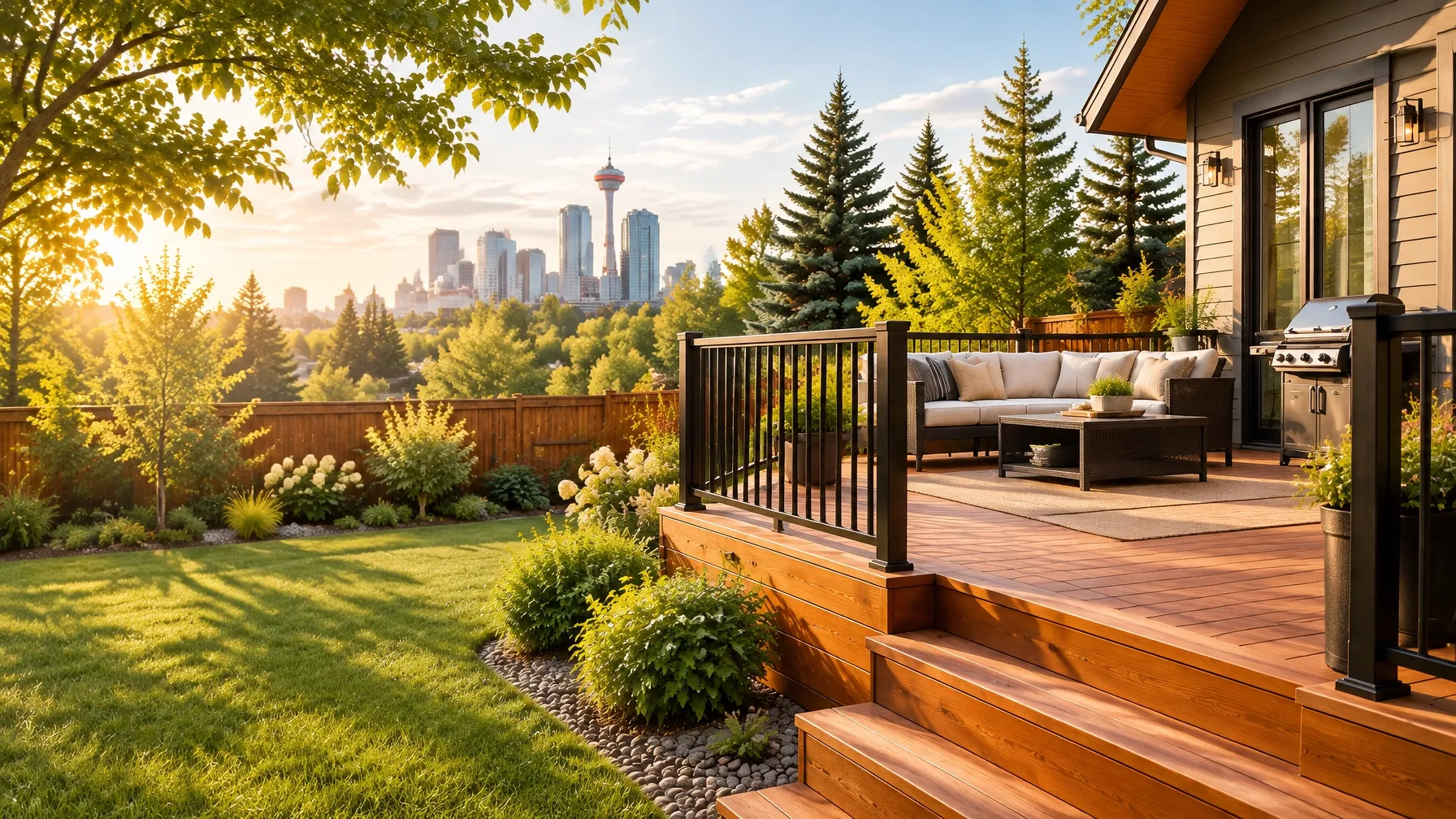 Custom cedar deck with black railing and outdoor seating