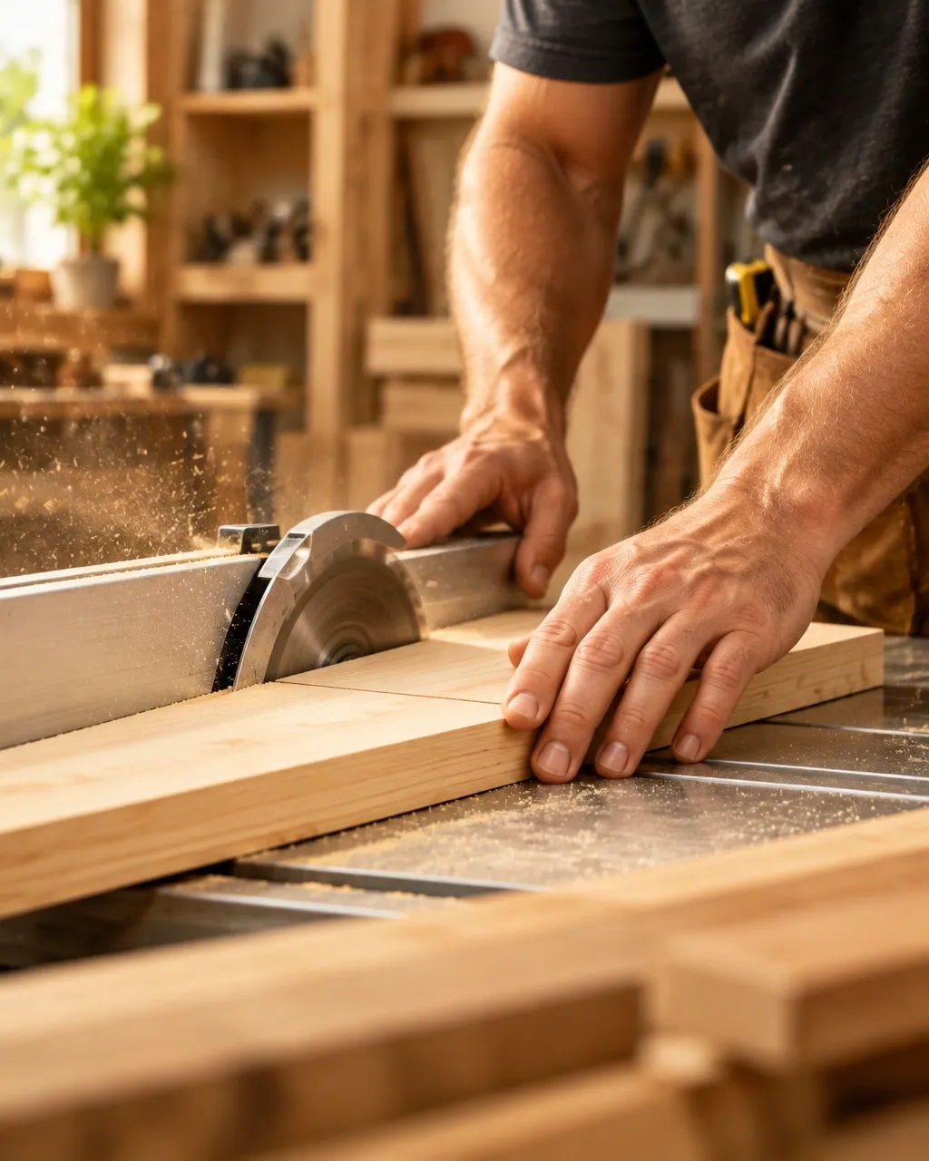 Carpenter cutting a board in a woodworking shop